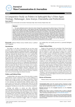A Comparitive Study on Politics in Sathyajith Ray's Films-Appu Triology, Mahanagar, Jana Aranya, Charulatha and Pathirdwani