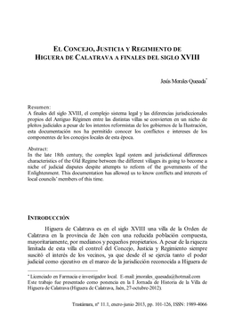 El Concejo, Justicia Y Regimiento De Higuera De Calatrava a Finales Del Siglo Xviii