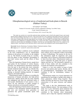 Ethnopharmacological Survey of Medicinal and Foods Plants in Derecik (Hakkari-Turkey)