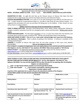 Registration Form,#44, Hike, Palouse Falls, March 10, 2018