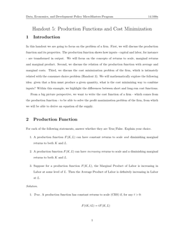 Handout 5: Production Functions and Cost Minimization 1 Introduction