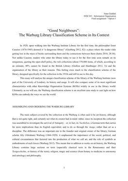 The Warburg Library Classification Scheme in Its Context