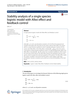 Stability Analysis of a Single Species Logistic Model with Allee Effect and Feedback Control Qifa Lin1*