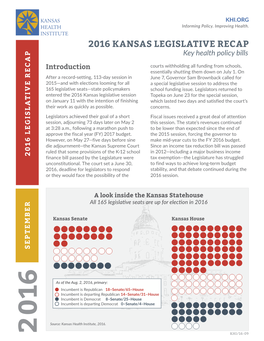 2016 KANSAS LEGISLATIVE RECAP Key Health Policy Bills
