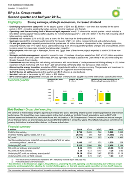 BP P.L.C. Group Results Second Quarter and Half Year 2018(A) Highlights