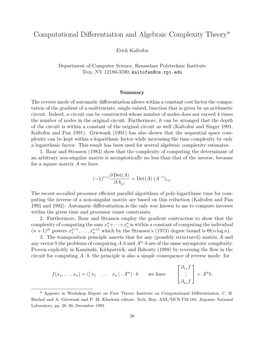 Computational Differentiation and Algebraic Complexity Theory*