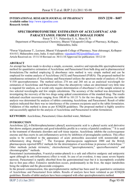 SPECTROPHOTOMETRIC ESTIMATION of ACECLOFENAC and PARACETAMOL from TABLET DOSAGE FORM Pawar V