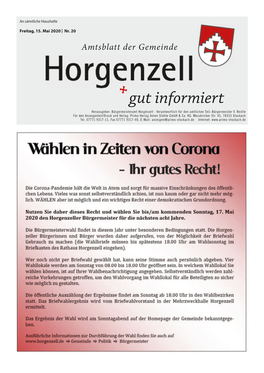 Gut Informiert Herausgeber: Bürgermeisteramt Horgenzell · Verantwortlich Für Den Amtlichen Teil: Bürgermeister V