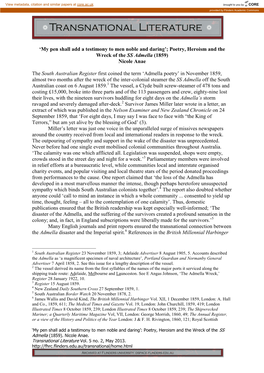My Pen Shall Add a Testimony to Men Noble and Daring’; Poetry, Heroism and the Wreck of the SS Admella (1859) Nicole Anae