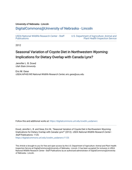 Seasonal Variation of Coyote Diet in Northwestern Wyoming: Implications for Dietary Overlap with Canada Lynx?