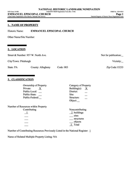 EMMANUEL EPISCOPAL CHURCH Page 1 United States Department of the Interior, National Park Service National Register of Historic Places Registration Form