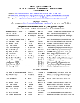 Maine Legislative Bill LD 1616 an Act to Establish the Vaccine Consumer Protection Program Legislative Contaccts