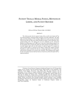 Patent Trolls: Moral Panics, Motions in Limine, and Patent Reform
