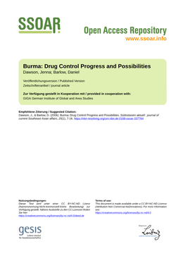 Burma: Drug Control Progress and Possibilities Dawson, Jenna; Barlow, Daniel