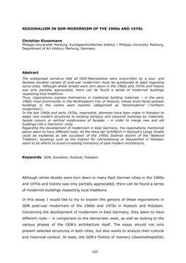 157 Christian Klusemann, Regionalism in GDR-Modernism of the 1960S and 1970S