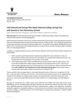 News Release Utah Educational Savings Plan Marks National