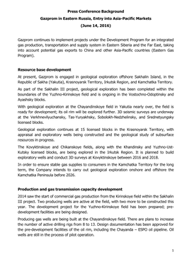 Press Conference Background Gazprom in Eastern Russia, Entry Into Asia-Pacific Markets (June 14, 2016)