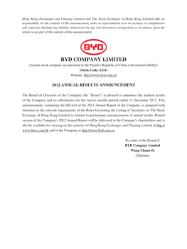 BYD COMPANY LIMITED (A Joint Stock Company Incorporated in the People's Republic of China with Limited Liability) (Stock Code: 1211) Website