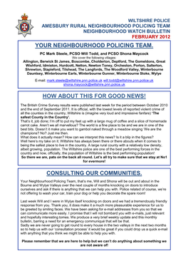 Wiltshire Police Amesbury Rural Neighbourhood Policing Team Neighbourhood Watch Bulletin February 2012