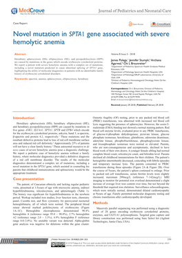 Novel Mutation in SPTA1 Gene Associated with Severe Hemolytic Anemia