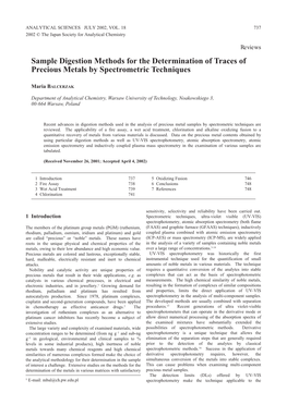 Sample Digestion Methods for the Determination of Traces of Precious Metals by Spectrometric Techniques