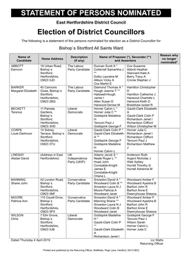 STATEMENT of PERSONS NOMINATED Election of District