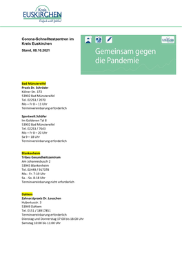 Corona-Schnelltestzentren Im Kreis Euskirchen Stand, 08.10.2021