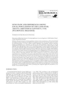 Gene Flow and Differences Among Local Populations of the Land Snail Arianta Arbustorum (Linnaeus, 1758) (Pulmonata: Helicidae)