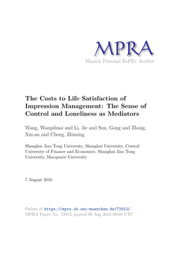 The Costs to Life Satisfaction of Impression Management: the Sense of Control and Loneliness As Mediators