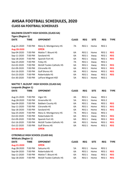 Ahsaa Football Schedules, 2020 Class 6A Football Schedules