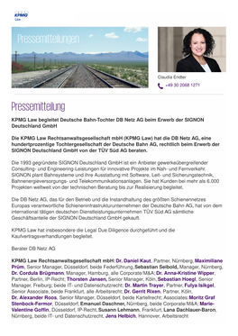 KPMG Law Begleitet Deutsche Bahn-Tochter DB Netz AG Beim Erwerb Der SIGNON Deutschland Gmbh