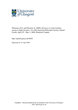 Advances in Understanding Autogyro Flight Dynamics. In: 64Th American Helicopter Society Annual Forum, April 29 – May 1, 2008, Montreal, Canada