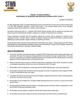 TRAVEL to SOUTH AFRICA REOPENING of BORDERS and SERVICES DURING ALERT LEVEL 1 Updated: 30/09/2020 on 20Th September 2020, Presid