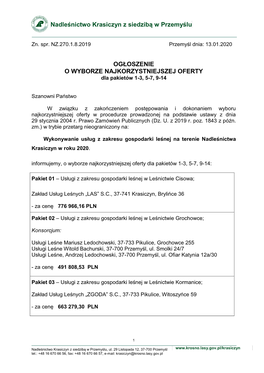 Nadleśnictwo Krasiczyn Z Siedzibą W Przemyślu OGŁOSZENIE O WYBORZE NAJKORZYSTNIEJSZEJ OFERTY