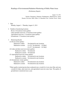 Readings of Environmental Radiation Monitoring of Public Water Areas (Preliminary Report)