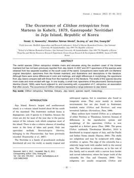 The Occurrence of Clithon Retropictus (Von Martens in Kobelt, 1879, Gastropoda: Neritidae) in Jeju Island, Republic of Korea