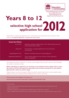 Years 8 to 12 Opportunity Class Placement Unit Selective High School Application For2012