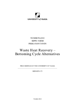 Waste Heat Recovery – Bottoming Cycle Alternatives