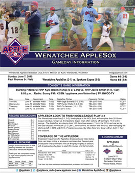 Wenatchee Applesox (2-1) Vs. Spokane Expos (8-2) Home #4 (2-1)