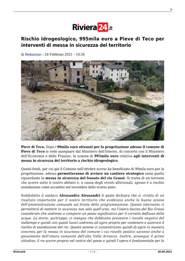 Rischio Idrogeologico, 995Mila Euro a Pieve Di Teco Per Interventi Di Messa in Sicurezza Del Territorio