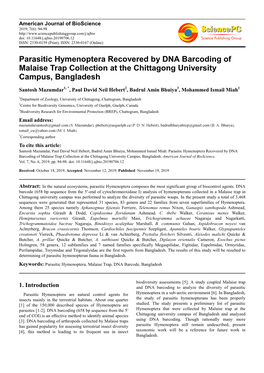 Parasitic Hymenoptera Recovered by DNA Barcoding of Malaise Trap Collection at the Chittagong University Campus, Bangladesh