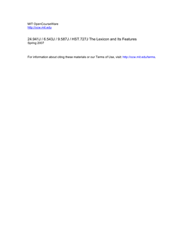 24.941J / 6.543J / 9.587J / HST.727J the Lexicon and Its Features Spring 2007