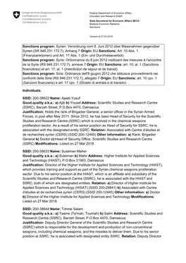 Sanctions Program: Syrien: Verordnung Vom 8. Juni 2012 Über Massnahmen Gegenüber Syrien (SR 946.231.172.7), Anhang 7 Origin: EU Sanctions: Art