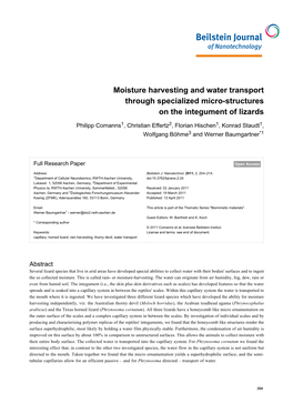 Moisture Harvesting and Water Transport Through Specialized Micro-Structures on the Integument of Lizards