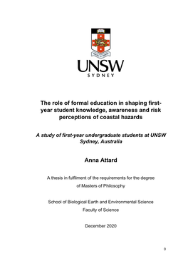 Year Student Knowledge, Awareness and Risk Perceptions of Coastal Hazards Anna At