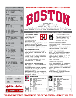 Five-Time Hockey East Champion (2010, 2012-15), Two-Time Ncaa Finalist (2011, 2013) 2017-18 Boston University Women’S Ice Hockey