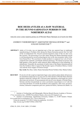 Roe Deer Antler As a Raw Material in the Hunno-Sarmatian Period in the Northern Altai