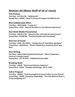 Division AA (News Staff of 16 Or More) Arts Feature First Place - KUT 90.5 FM - “SKAM Austin” Second Place - WAMU - “How to Act Sexy on Stage in the #Metoo Era”