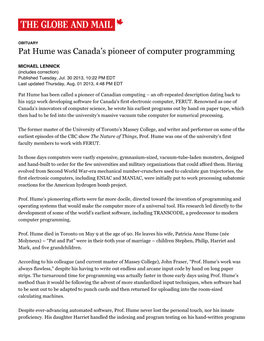 Pat Hume Was Canada's Pioneer of Computer Programming