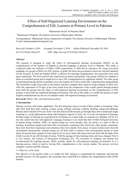 Effect of Self-Organized Learning Environment on the Comprehension of ESL Learners at Primary Level in Pakistan